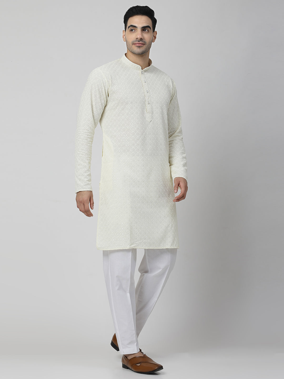 Men's Embroidery Cotton Blend Chikankari Kurta Set with White Pyjama (Yellow Color)