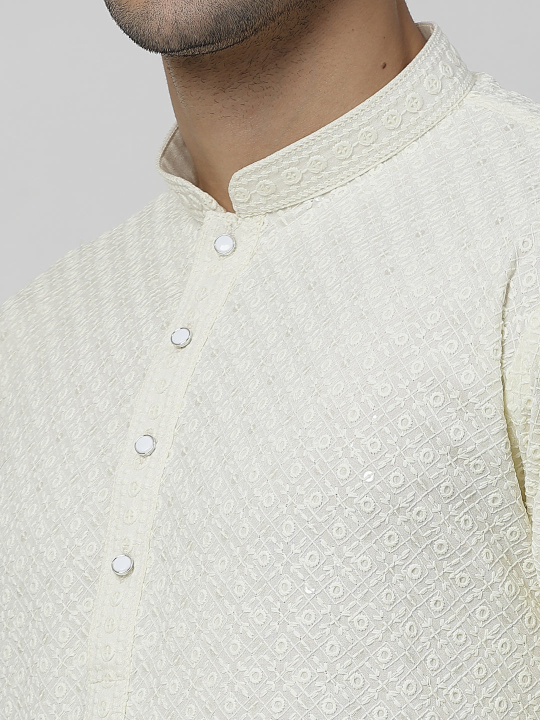 Men's Embroidery Cotton Blend Chikankari Kurta Set with White Pyjama (Off White Color)