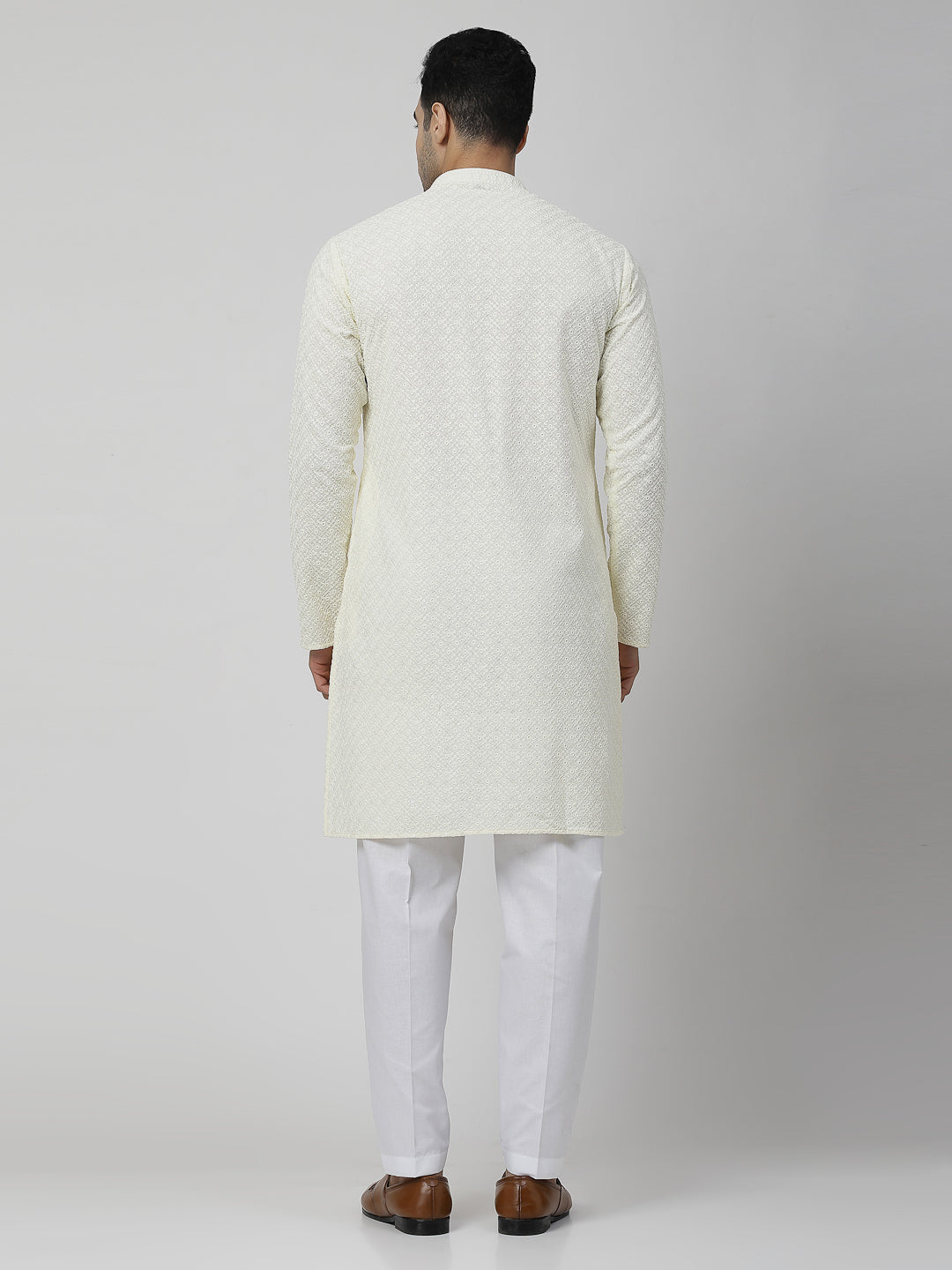 Men's Embroidery Cotton Blend Chikankari Kurta Set with White Pyjama (Off White Color)