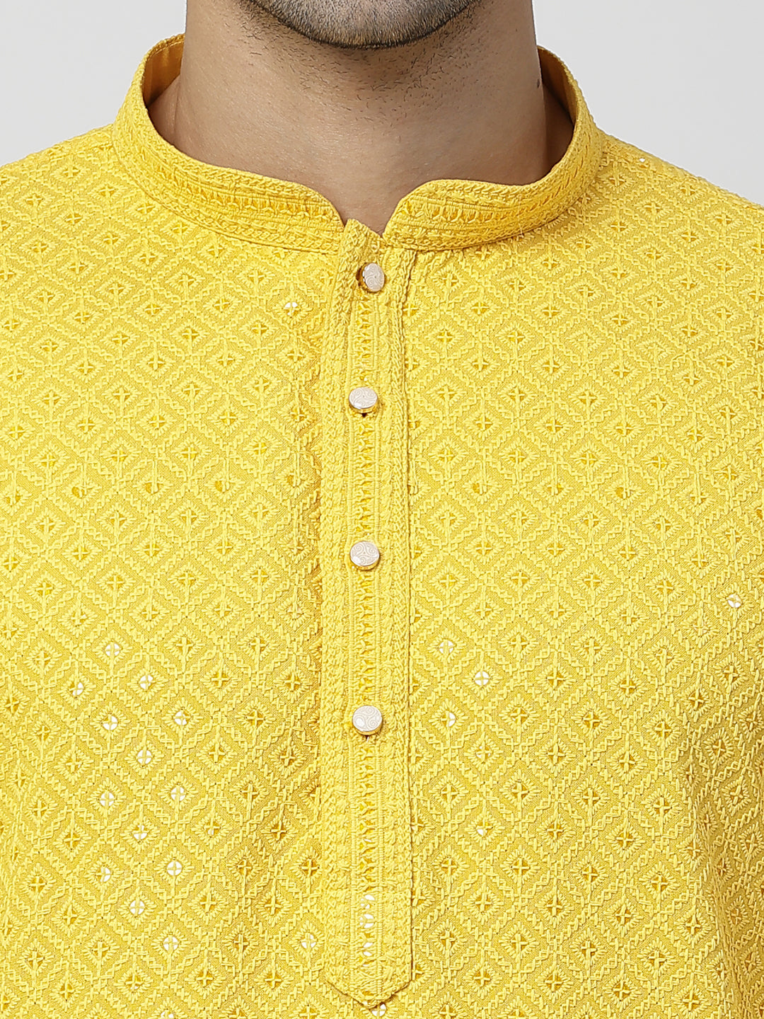 Men's Embroidery Cotton Blend Chikankari Kurta Set with White Pyjama (Yellow Color)