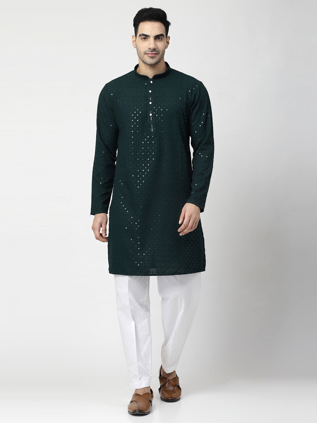 Men's Embroidery Cotton Blend Chikankari Kurta Set with White Pyjama (Black Color)