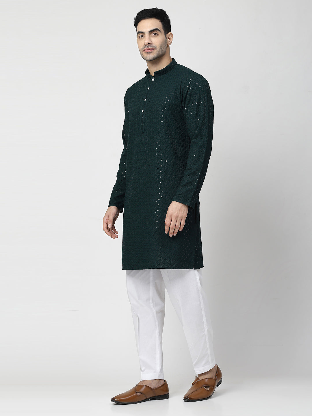 Men's Embroidery Cotton Blend Chikankari Kurta Set with White Pyjama (Green Color)