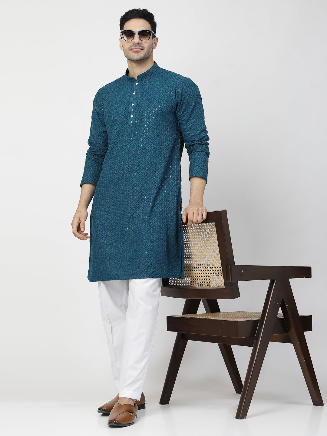 Men's Embroidery Cotton Blend Chikankari Kurta Set with White Pyjama (Blue Color)