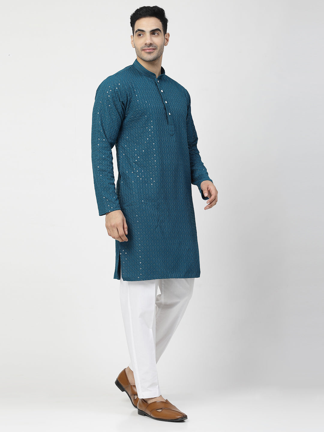 Men's Embroidery Cotton Blend Chikankari Kurta Set with White Pyjama (Teal Blue Color)