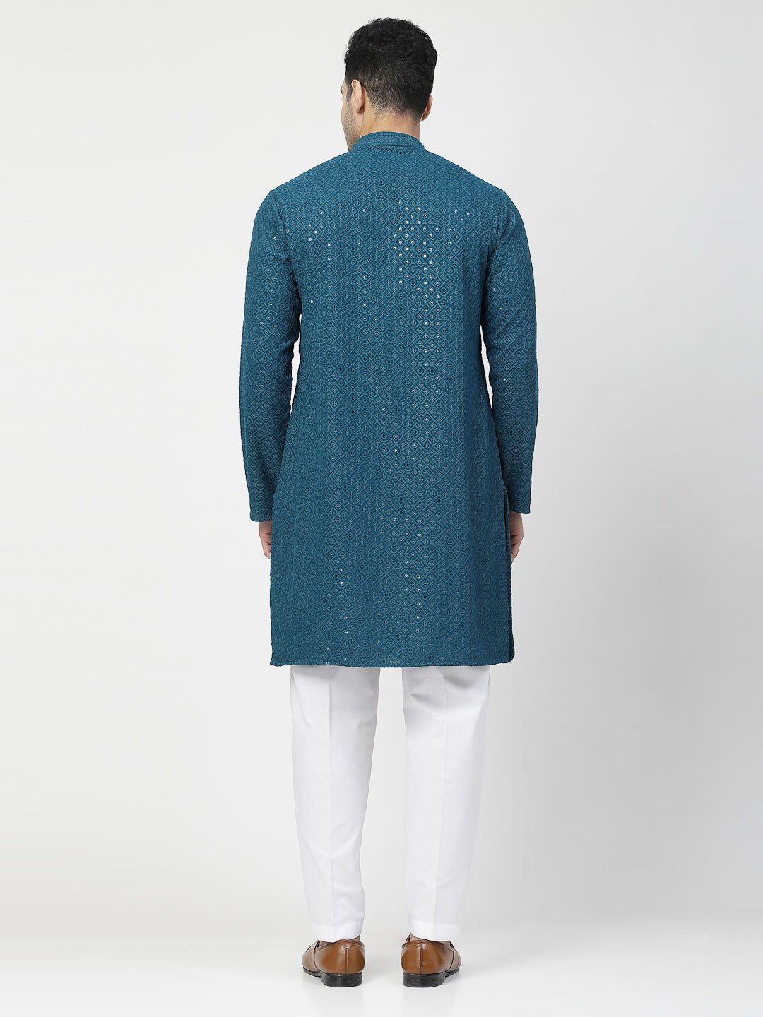 Men's Embroidery Cotton Blend Chikankari Kurta Set with White Pyjama (Teal Blue Color)