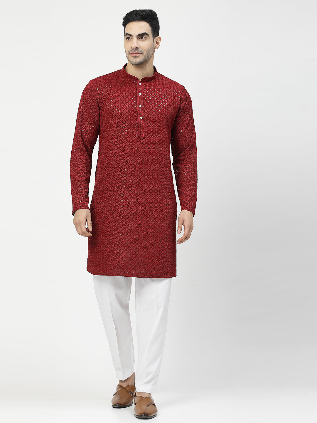 Men's Embroidery Cotton Blend Chikankari Kurta Set with White Pyjama (Wine Color)