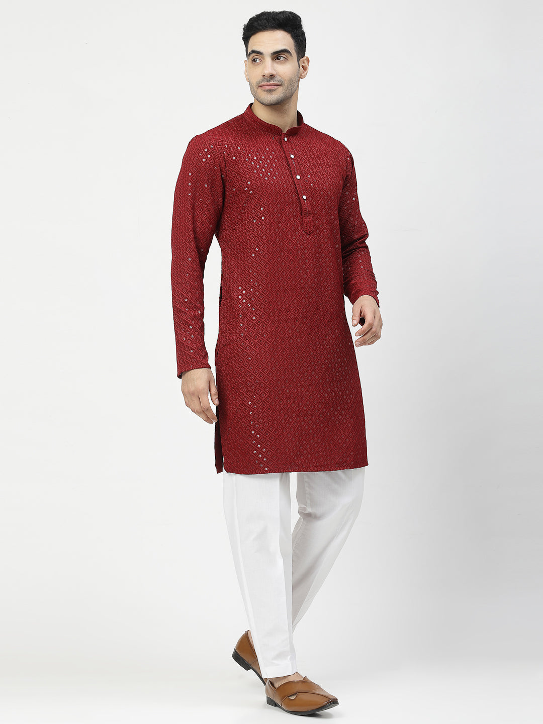Men's Embroidery Cotton Blend Chikankari Kurta Set with White Pyjama (Red Color)