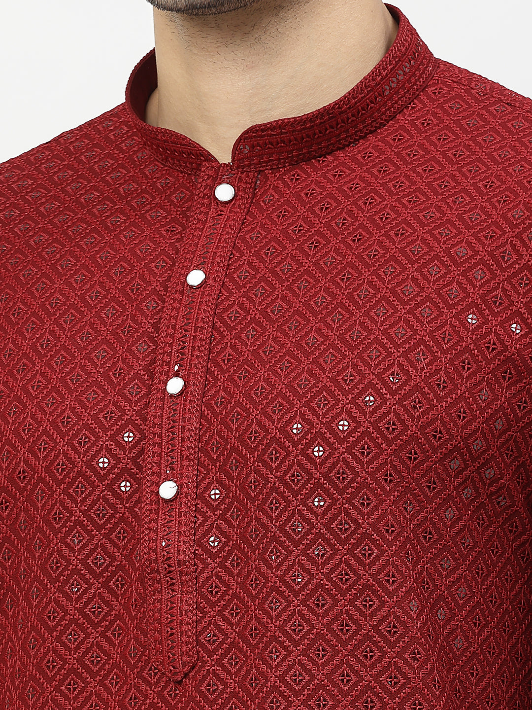 Men's Embroidery Cotton Blend Chikankari Kurta Set with White Pyjama (Red Color)