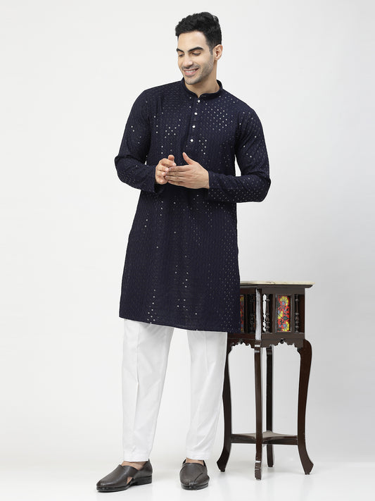 Men's Embroidery Cotton Blend Chikankari Kurta Set with White Pyjama (Blue Color)